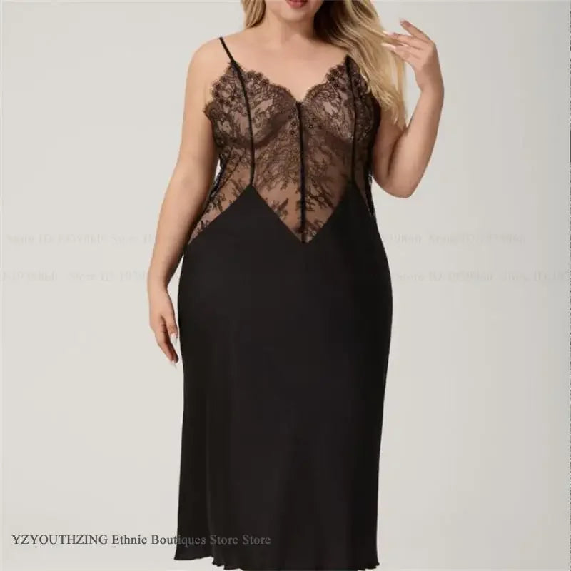 For Curvy Ladies UK Oversize XL-5XL Long Nightgown Sleepwear Sexy Patchwork Hollow Out Lace Lingerie Nightdress Loose Ice Silk Home Wear  Big Women Loungewear