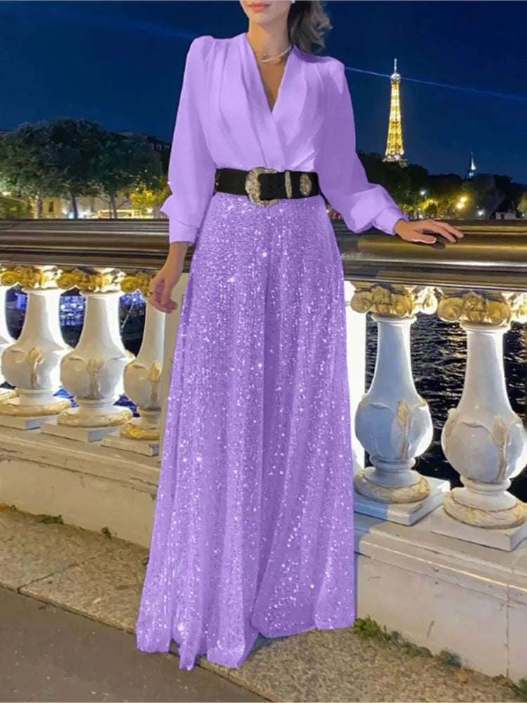 S-3XL 8 Colors Plus Size NEW Arrivals Women's Girls Fall New Fashion V-Neck Long Sleeved Shirt Elegant Sexy V-Neck Slimming Waist Sequin Wide Leg Jumpsuit Set Evening Night Wedding Birthday Party Suit Female Ladies Luxury Fas