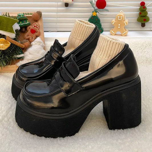 Leather Women's Platform Loafers Gothic Black Chunky High Heels Pumps Woman Preppy Style Jk Uniform Shoes Mujer