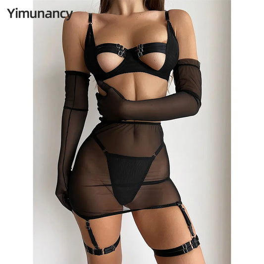 Yimunancy Cut Out Erotic Set Women Mesh Transparent 4-Piece Black Garter Lingerie Set Back Open Brief Underwear Set