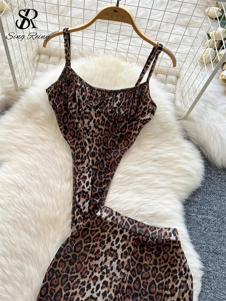 Newest Leopard 2PCS Suits UK Size Women Sexy Strap Tops +Elastic Waist Flared Pants American Ins Fashion Hot Sets