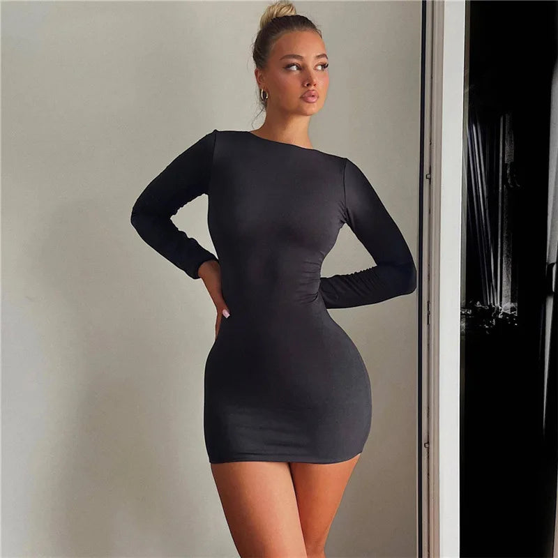 NEW Arrivals Khaki/Black Autumn Fashion Sexy Open Back Solid Slinky Female Mini Dress Evening Night Club Party Outfits Long Sleeve Round Neck Bodycon Dresses Ladies Girls Sexy Fashion Clothing Supplies