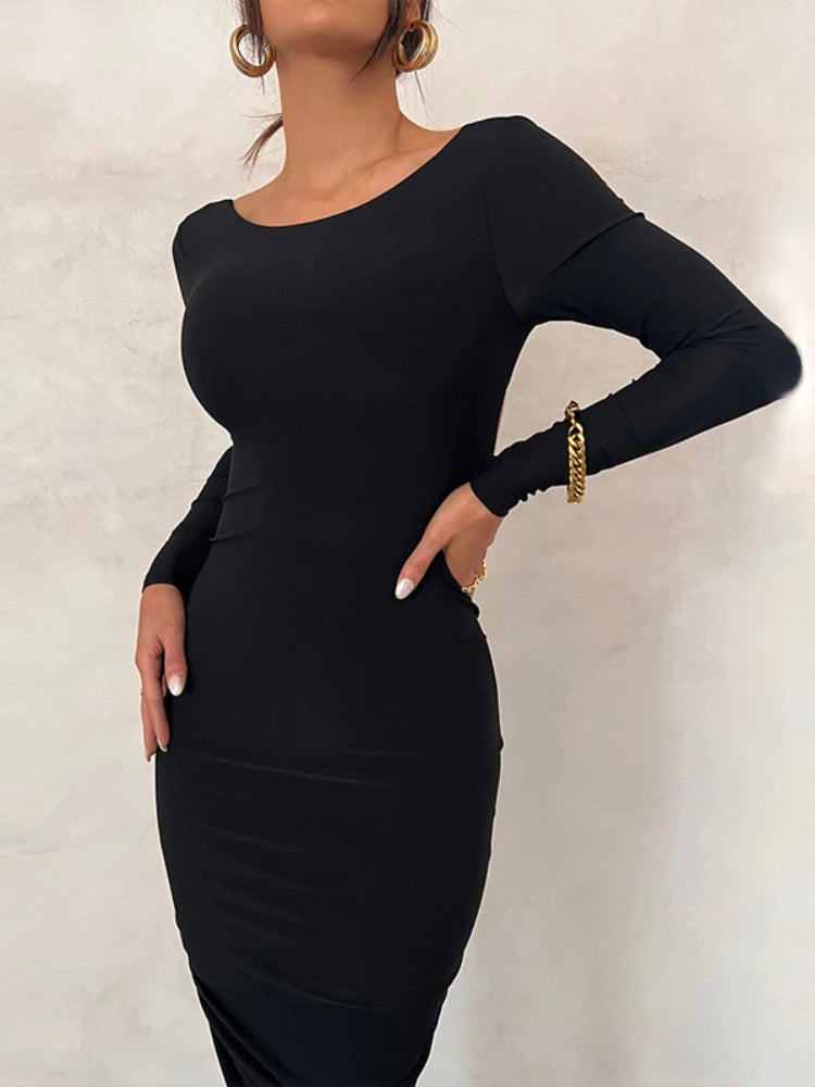 NEW Arrivals UK Size Red/Black/White Color Sexy Deep V Backless Pleating Slim Bodycon Long Dress Women Long Sleeved Solid Color Maxi Dress Evening Club Party