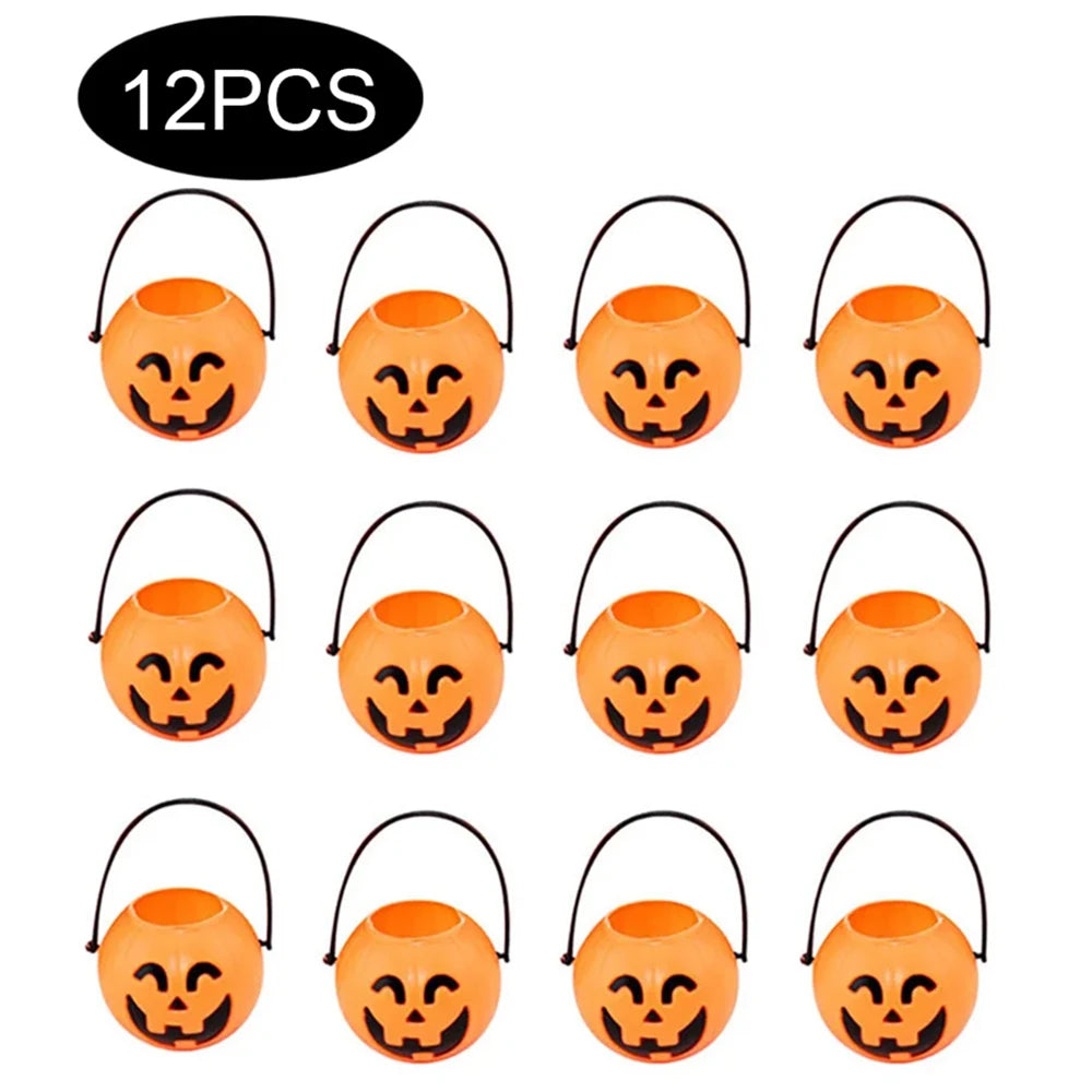12PCS Set Halloween Scull-Jars Cauldron Decoration,Mini Black Plastic Witches Cauldron,Halloween Candy Basket,Trick Or Treat Bucket