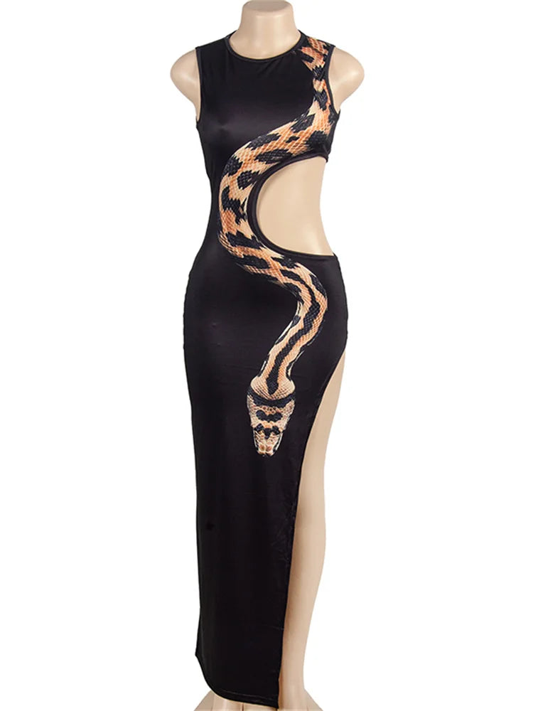 NEW Arrivals Women Girls Luxury Snakeskin Dress Woman Summer Evening Party Dress Sexy Hollow Sleeveless Splits O-Neck Fashion Coquette Night Party Clubwear Skinny Outfit Female Ladies Luxury Fashion Clothing Supplies