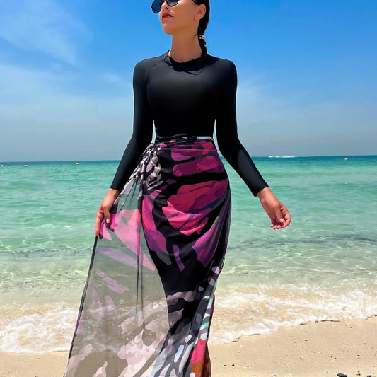New Arrivals Burkini femmes Muslim Ladies  Beach Swimwear Long Sleeve Long Belt Gauze Swimsuits Middle East Conservative Long  Muslim Women Swimwear