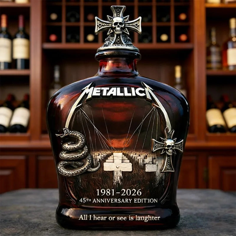 METALLICA 45th Anniversary Limited Edition Whiskey Decanter - Rock Band Collectible Glass Bottle with Skull Cross Decor Gift Bars Pubs Night Club Cava Barware Supplies