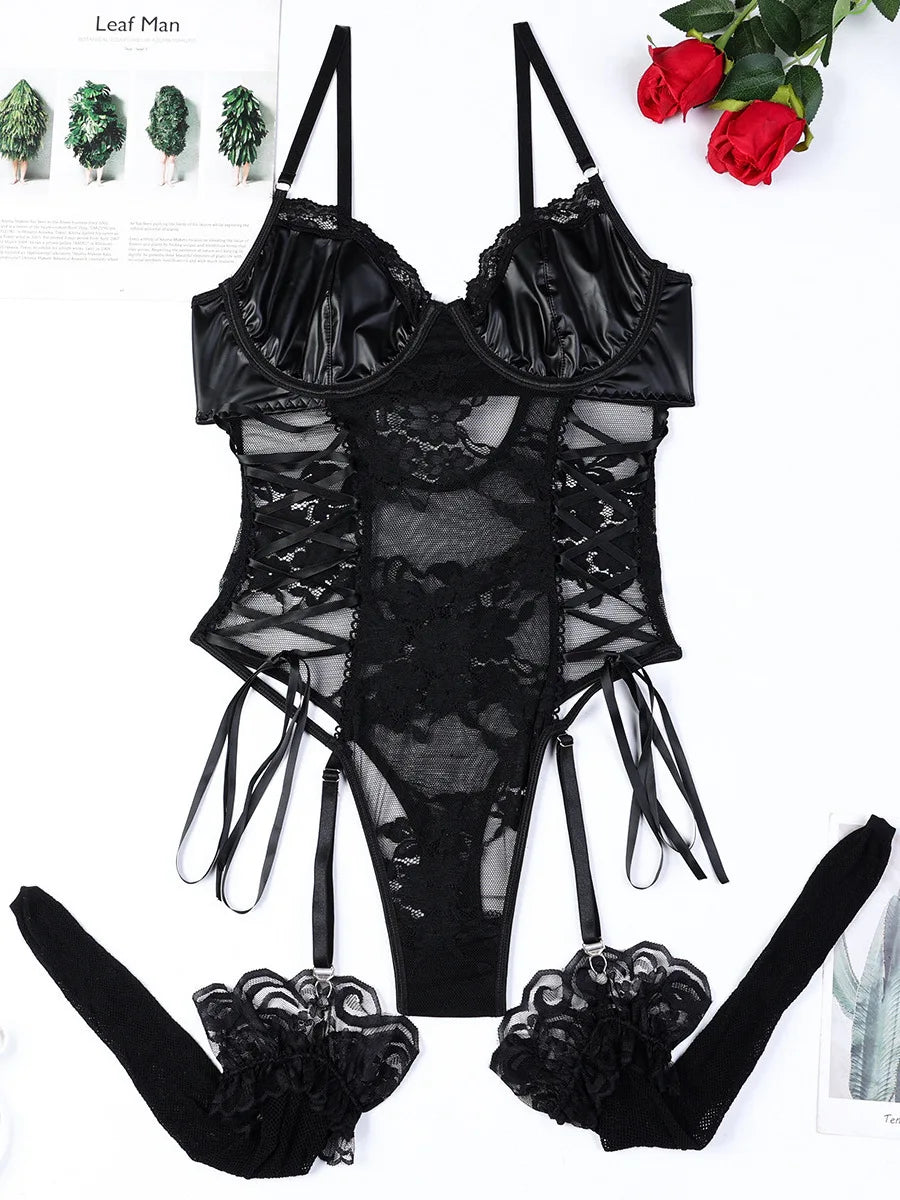 Ladies Jumpsuit With Lace PU Sexy Camisole Bow Women Rompers Clothing Body Suits Fashion Slim Italian Women Mesh Lace Bandage Tops V7FI