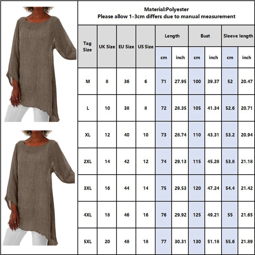 Plus Size Cotton Linen Casual T-shirts Top Women  Elegant Shirts Tees Autumn Oversized Female Clothing Solid Pullover Y2K Cr