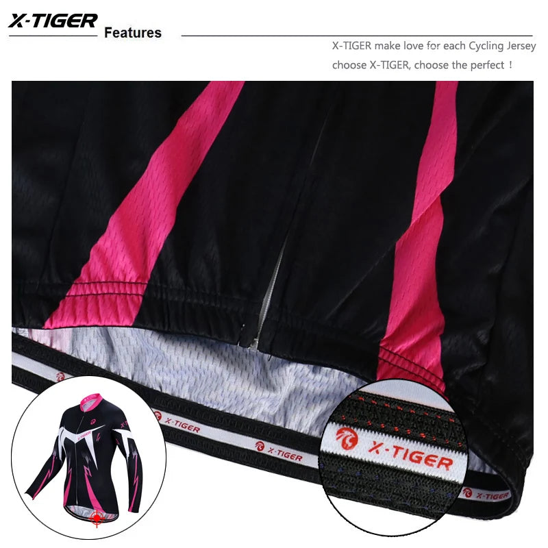 NEW Arrivals S-3XL Plus Size X-TIGER Women's Winter Thermal Cycling Jersey -5-10℃ Outdoor Sports Warm Fleece Fabric Long Sleeve Sportswear with Back Storage Pockets