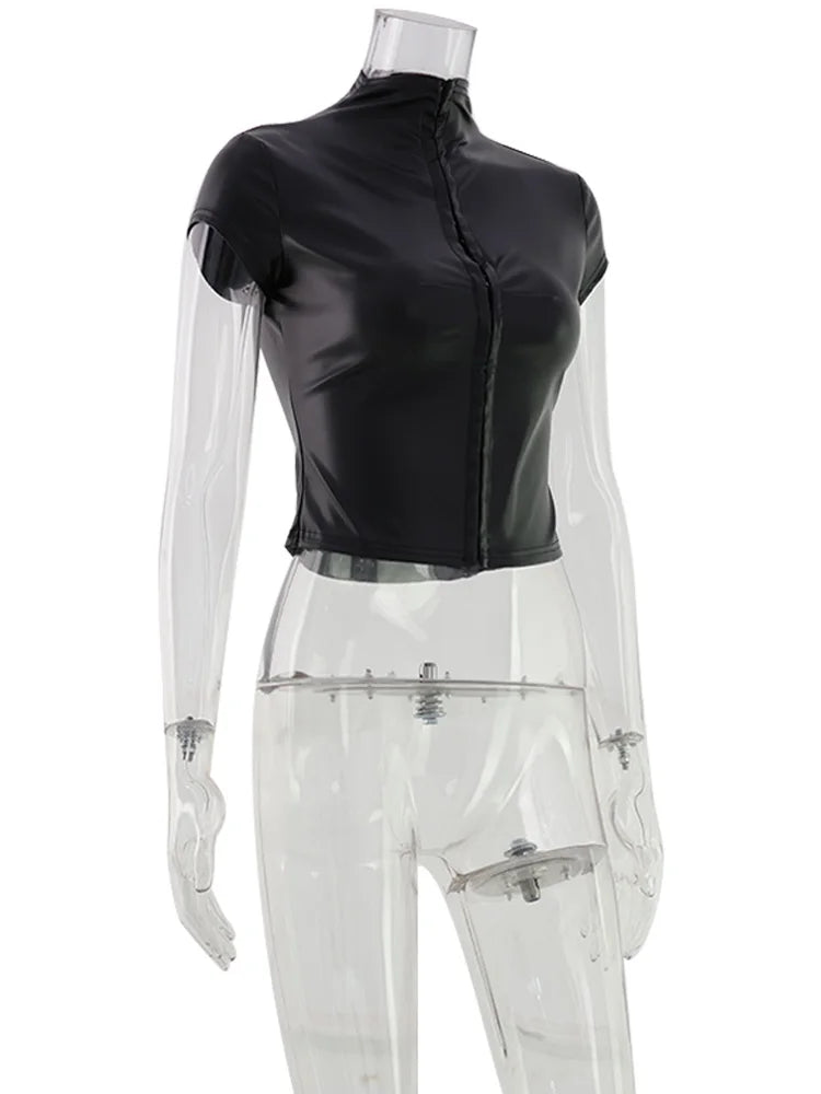 Sexy Black PU Leather Button Solid Short Sleeve Women Tops Sheath Fashion High Collar Blouse Fitness Female Sexy Night Club Tees Chic Tops