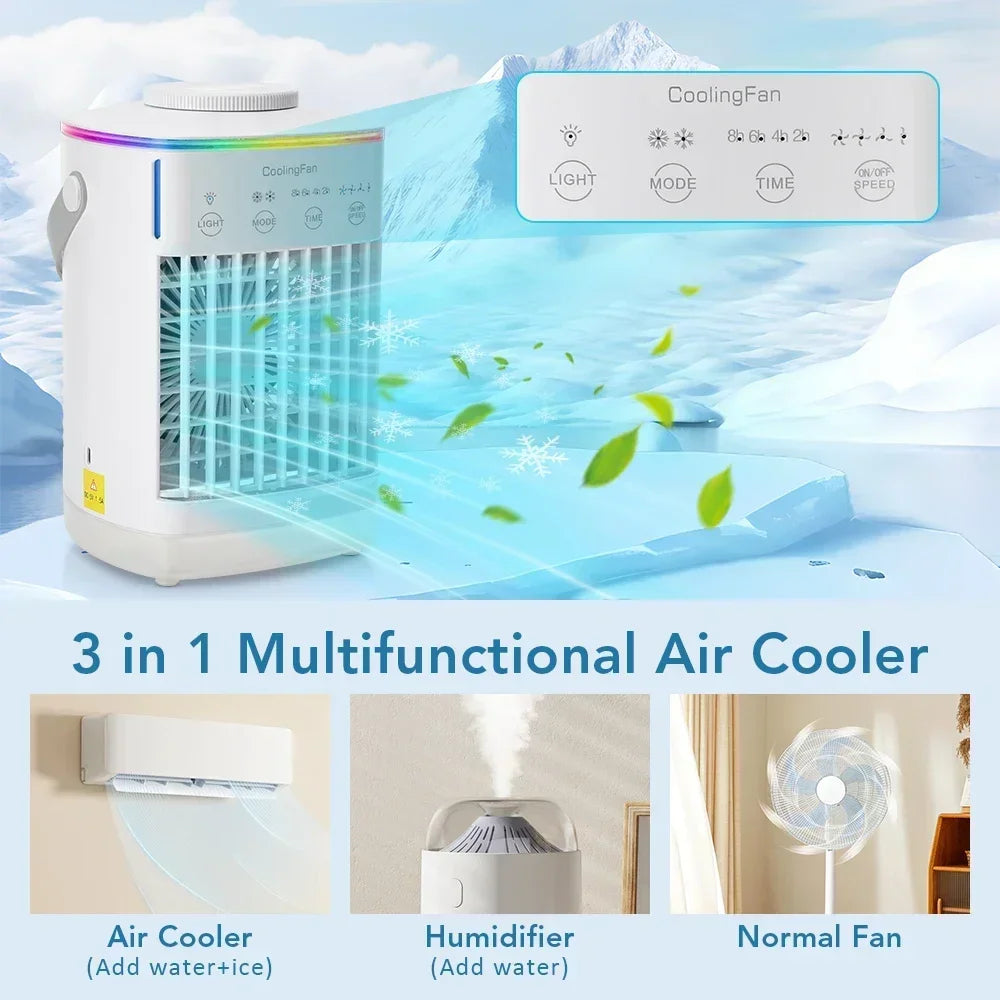 Home Office Air Conditioner Portable Fan Desktop Dual Spray Ultrasonic Atomization 3/4-Speed Mute Air Cooler Night Light for Outdoor Camping Beach Picnic Cooling Supplies