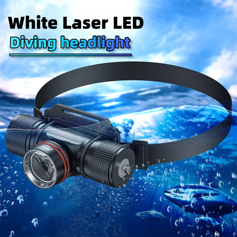 Scuba Diving Headlight Headlamp White Laser LED High Power Head Flashlight IPX8 Waterproof Underwater Dive 18650 Head Light