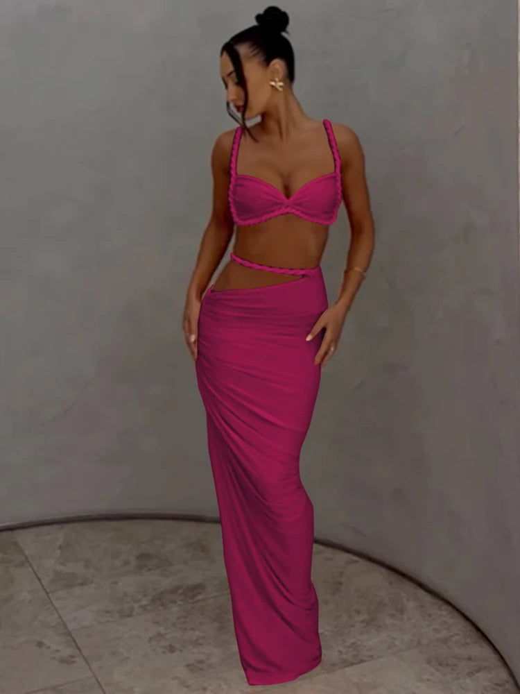 NEW 2PCS Set S-XL UK Size 12 Colors Italian Design Square Collar  Women Bra +Skinny Long Skirts Bandage Ruched  Summer Vacation Beach Party Trend Suits