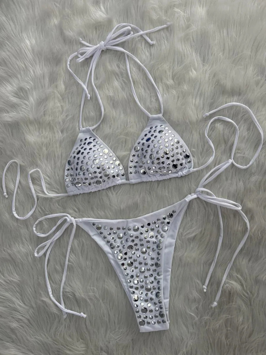 5 Colors UK Size Halter Metallic Sequins Sexy Bikini Women Swimsuit Female Swimwear 2 PCS Bikini Set Bather Bathing Suit Swim Lady Beachwear Women's Summer Beach Outfits