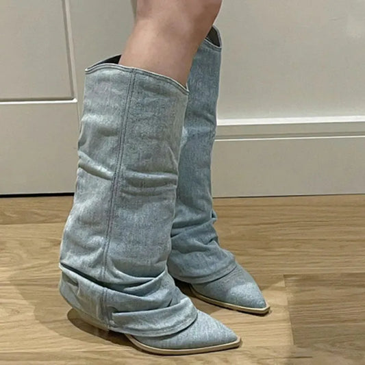 New Blue Denim Knee High Boots Women Pointed Toe Thick Heels Western Boots Woman Pleated Pull-On Long Cowboy Botas Mujer