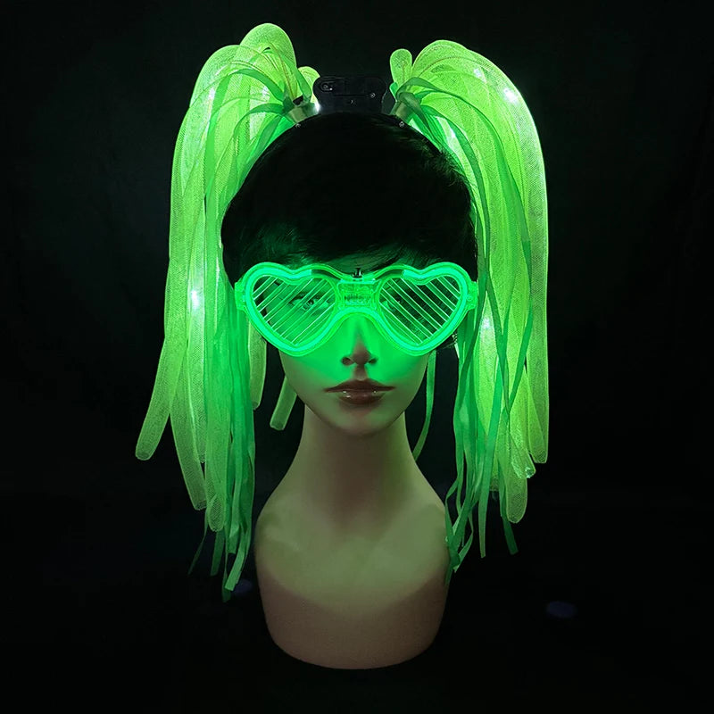 2 PCS Set Headbands + Glasses Rave Party  Luminous Flashing Noodles Headband Light Up Braid Headband Girl Women Bar Club Night Show Headwear Supplies
