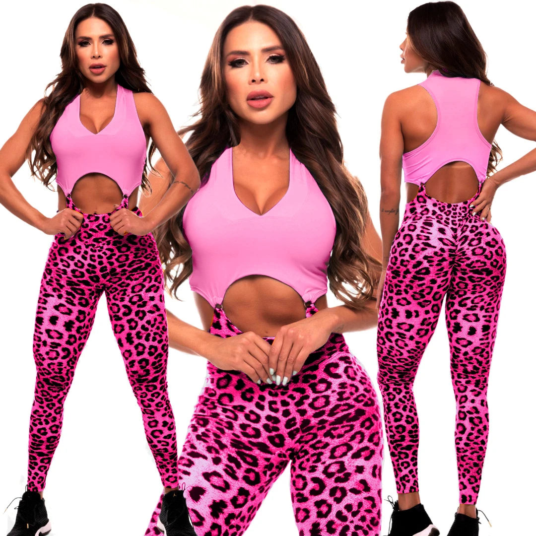 Sexy Sport Bra Scrunch Pant Leopard One Piece Jumpsuits Women Bodycon Workout Legging Gym Fitness Active Wear Suits