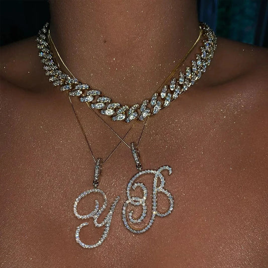 Women’s A-Z Rhinestones Initial Letters Pendant Necklace, CZ Paved Initial Charm with Snake Chain, Elegant Iced Out Bling Jewelry Gifts