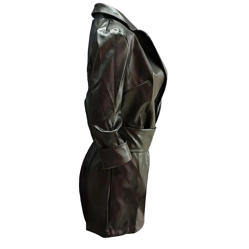 NEW Arrivals Luxury Italian Fashion Leather Women's Dress Sexy V Neck Leather Mid Length PU Leather Waist Closure Dresses Trend Turn Down Dress With Belt Ladies Luxury Fashion Clothing Supplies