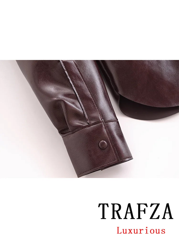 NEW Arrivals 2PCS Set UK Size Luxury Vintage PU Leather Women Suit Long Sleeve Turn-Down Collar Jackets Straight Mini Skirt Fashion Autumn Winter Suit