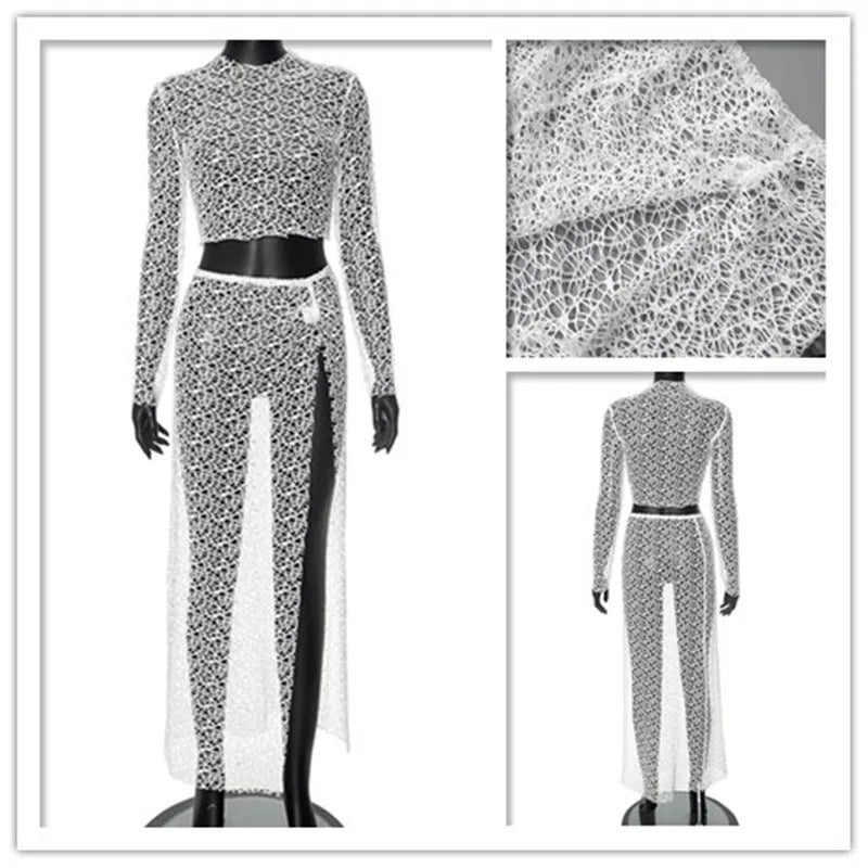 Grid Sexy Two Piece Set Long Sleeve Top Split Long Skirt Women Set Elegant Casual 2 Piece Set Women Set