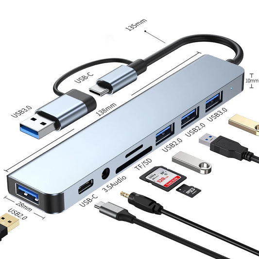 NEW Arrivals 8 in 2 USB +Type C HUB Docking Station with 3.5mm Audio Jack Adapter Micro SD Card Reader Laptop Tablet Phone Disk Converter Computer Accessories Electronic Supplies