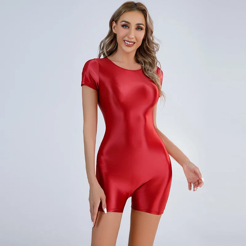 Sexy Jumpsuits Women Oil Glossy Shiny Yoga Shaper Tights Bodycon Bodysuit Elastic One Piece See Through Sexy Tights Satin Shaper Leotard Short Rompers