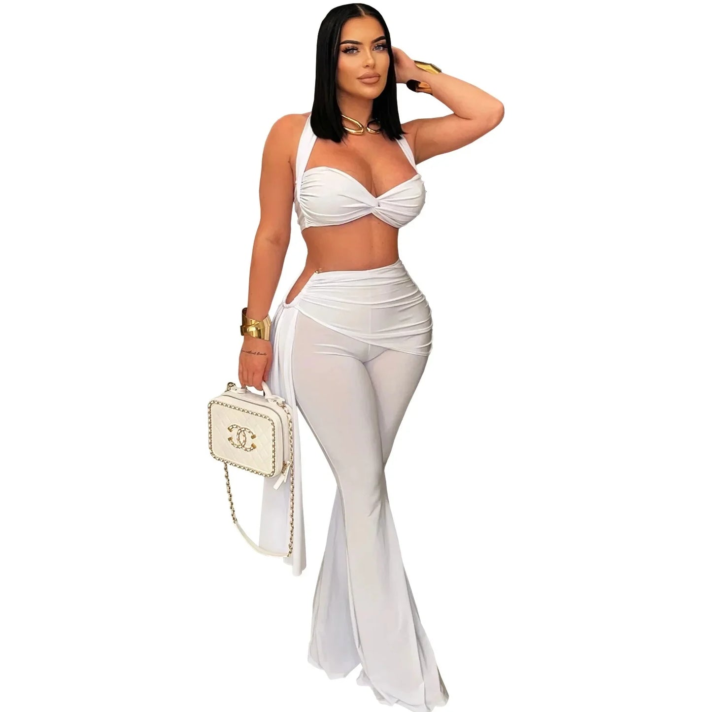 2 PCS Set S-2XL Fashionable C7485 Cross-Border Sexy Summer Strapless Long Pants Set Women's Polyester Fiber Clothing