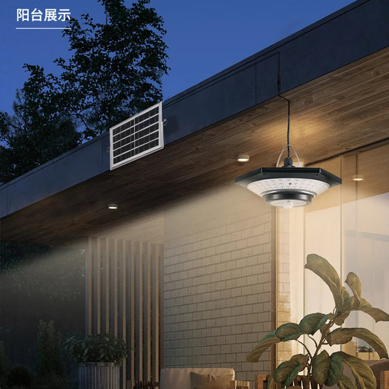 Motion Sensor Solar Pendant Lights Outdoor Indoor 228LED Shed Light with Motion Sensor 3 Lighting Modes Waterproof for House Gazebo Lamp
