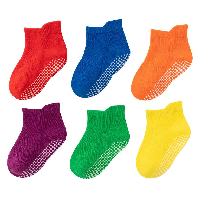 NEW 0-7Y 6 Pairs Set Lot Spring Autumn Newborn Kids Anti-Slip Cotton Socks Solid Color Soft Breathable Cotton Baby's Boat Socks Boys Girls Trampoline Socks
