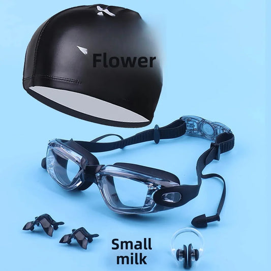 NEW Arrivals 4 PCS Set 3 Colors Professional Waterproof Anti-Fog Silicone Swimming High Definition Goggles Set with Nose Clip Earplugs And PU Cap for Swimming And Diving Sports Supplies