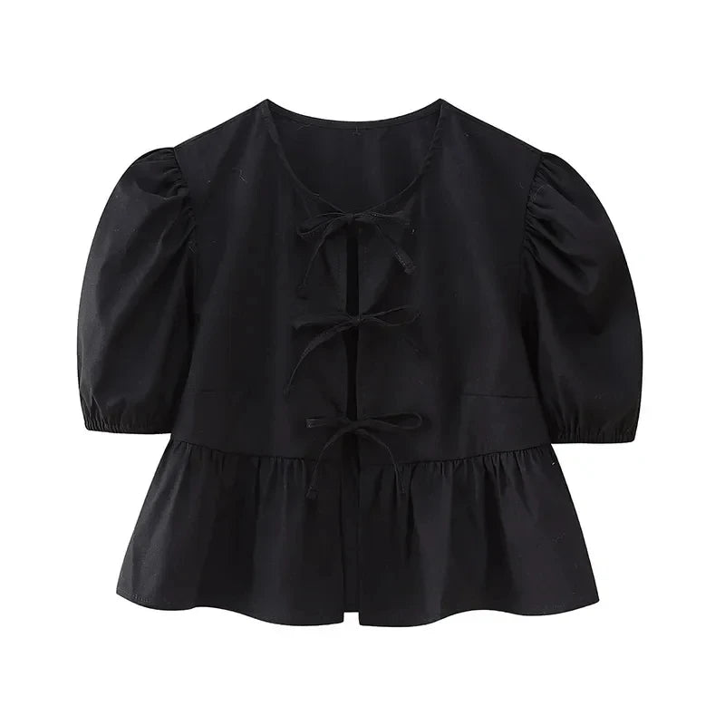 Leopard Print Shirt For Women Bow Lace Up O-neck Short Puff Sleeve Female T-shirt Summer Fashion All-match Street Lady Tops