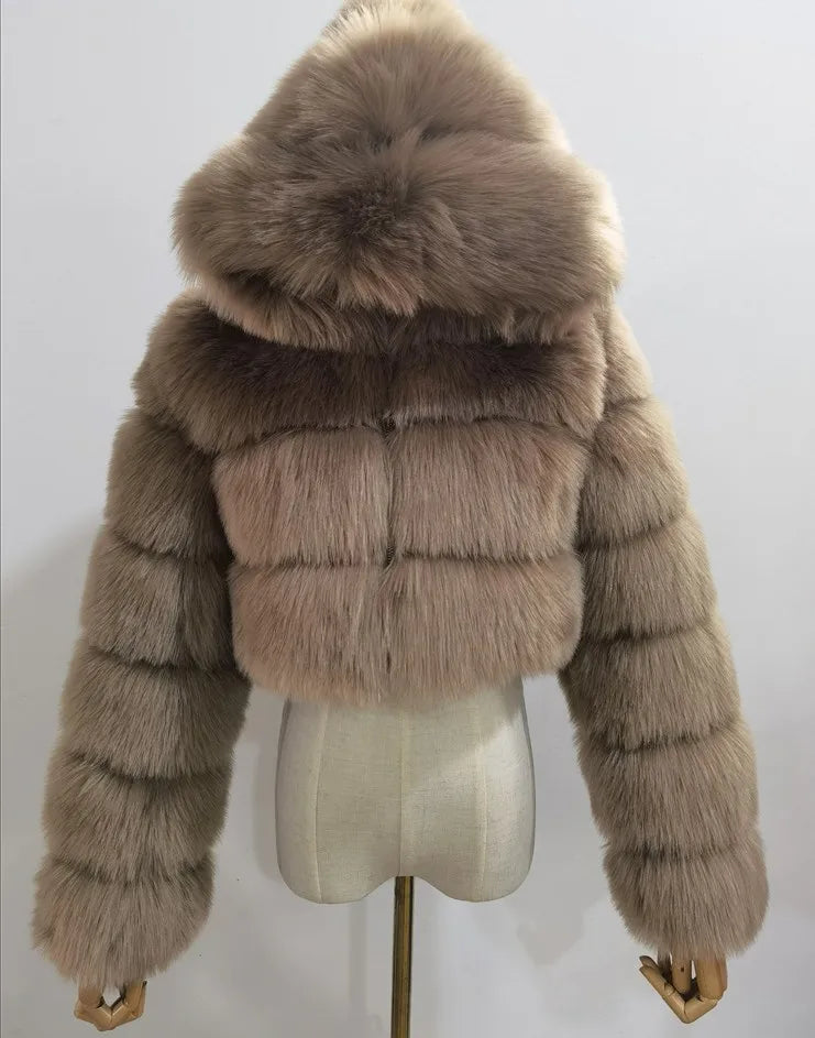 NEW Arrivals S-3XL Coffee/Dark Gray/Black Fashion Women Environmental Red Faux Fox Fur Coat with Hood Thick Warm Full Pelt Fake Fur Jacket Short Winter Woman Fur Coat Ladies Girls Luxury Fashion Clothing Supplies