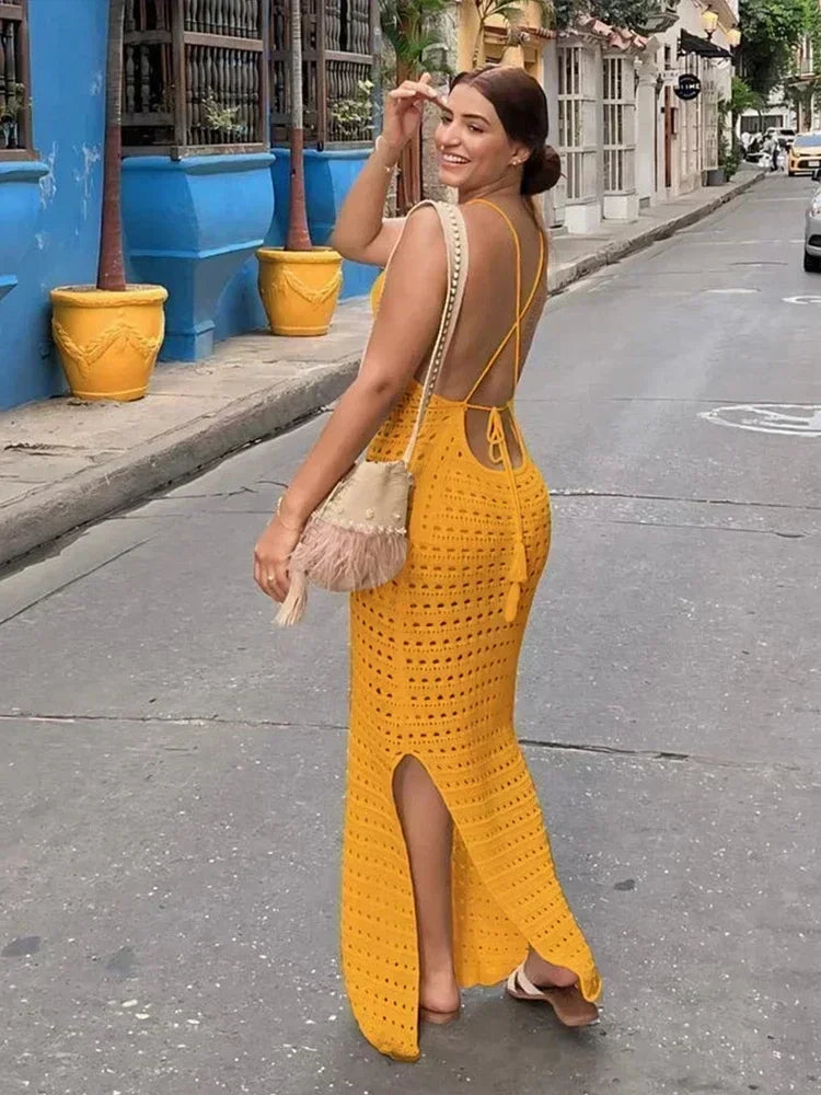 NEW Arrivals UK Size 6 Colors Sexy Knit Cut Out Tassel Spaghetti Strap Bodycon Evening Beach Party Maxi Dress Summer Women's Holiday Club Party Outfit Swimsuit Cover Up K10