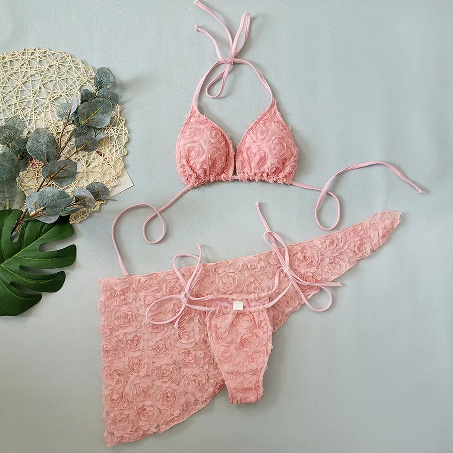 3 PCS Set Sexy Bikini Floral Fabric Strap Women's Triangle Bag Cross-Border New Arrival Top Quality Swimwear for Swimming Women Summer Beach Apparel Clothing Suits