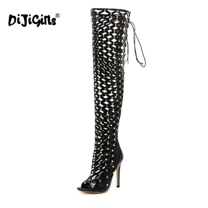 Sexy Rivets Studded Thigh High Sandals Women Summer Gladiator Sandal Boots High Heel Cut Out Over-the-Knee Boots