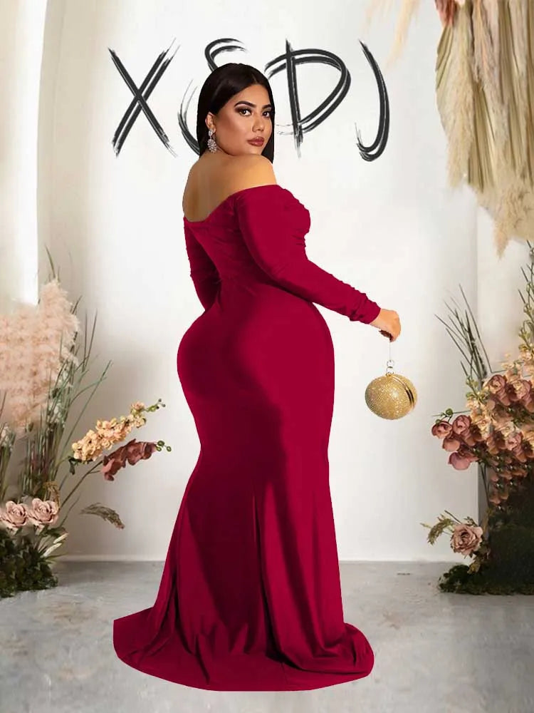 NEW Arrivals XL-4XL UK Size Green/Red/Black/Blue Curvy BBW Women Elegant Luxury Off The Shoulder Dress Strapless Long Sleeve Evening Party Wedding Birthday Dress Spring Plus Size Female Side Slit Dress
