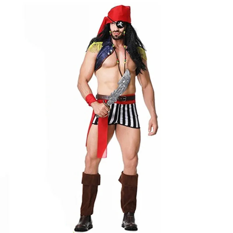 Gay Men Halloween Skull Pirate Costumes Adult One-eyed Robber Cosplay Carnival Purim Stage Role Play Nightclub Bar Party Dress