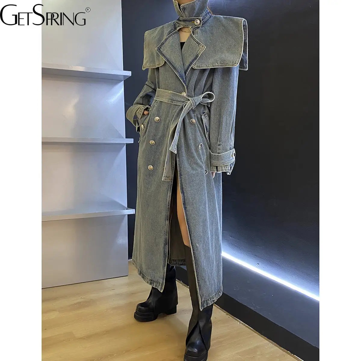 Spring Women Denim Trench Coat Spring Temperament Double Breasted Lace Up Loose Long denim Coat All Match Fashion