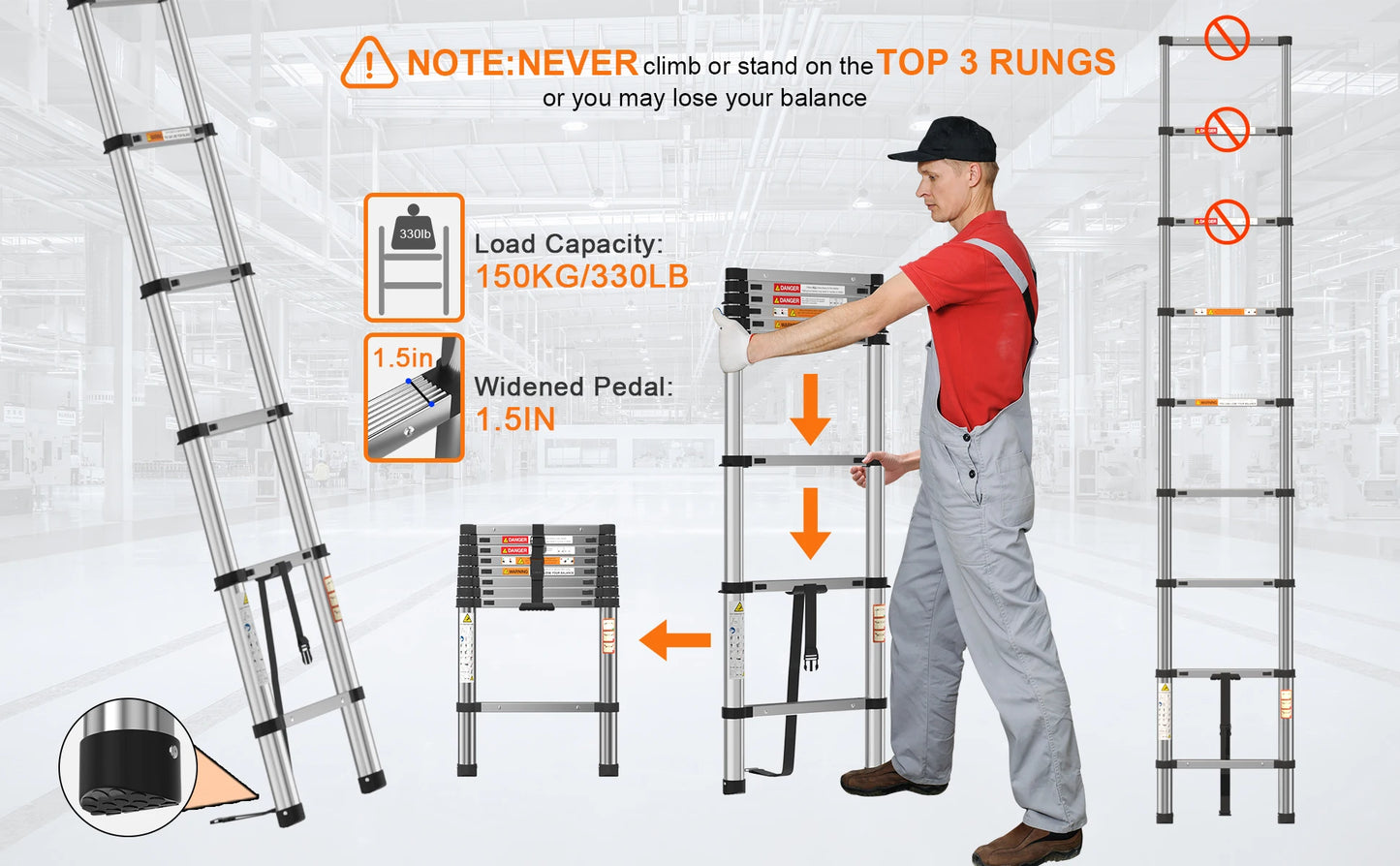 Telescopic Ladder Stainless Steel, Load 150kg, Convenient Extendable ,For Pulling Walls, Changing Light Bulbs, Repairing Roofs, RV Home Work Heavy Duty Accessories