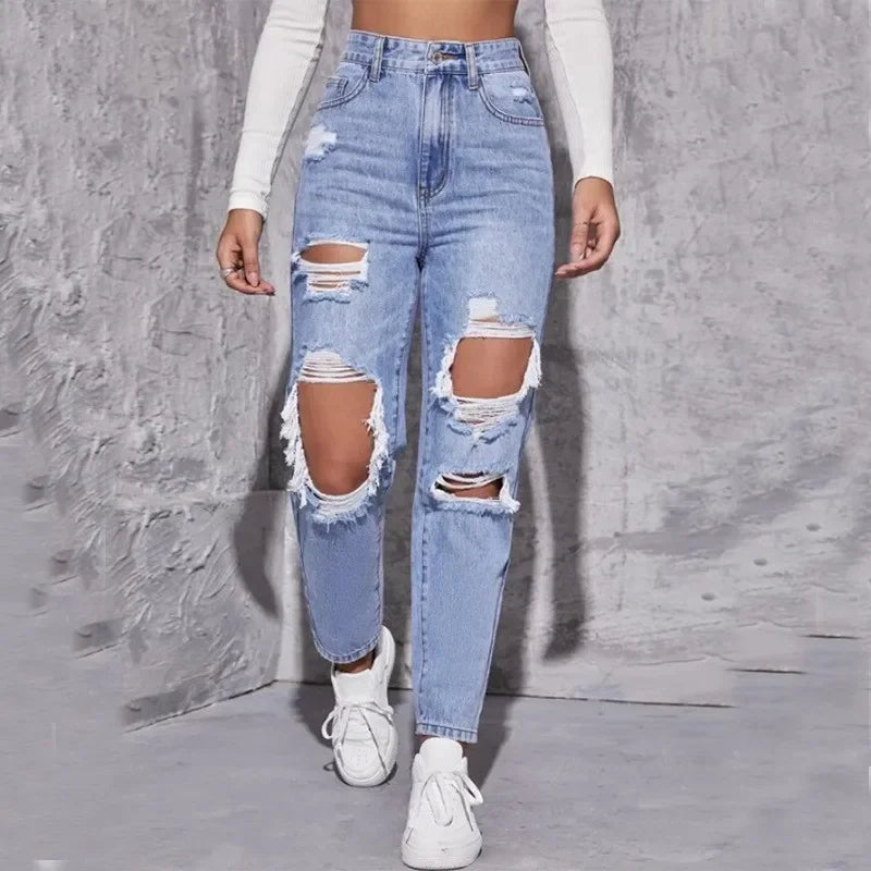 NEW Arrivals Women Jeans Distressed Straight Pants Ripped Denim Washing Ankle Length Holes Pockets High Waist Zipper Fly Flat Streetwear Solid Color Girls Casual Fashion Clothing Products