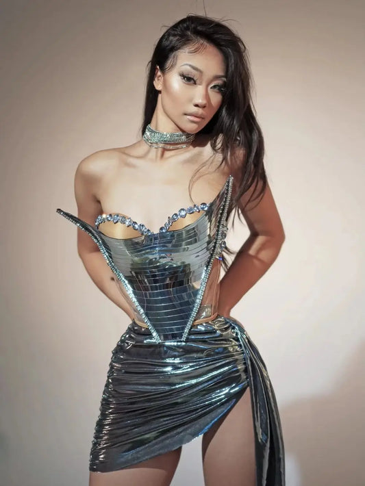 Just Arrived 2 PCS Set 4 Colors S-XL UK Size Sparkly Gold Sexy Top + Short Skirt Set Women Celebrate Party Night Club Performance Dancer Show Stage Outfit