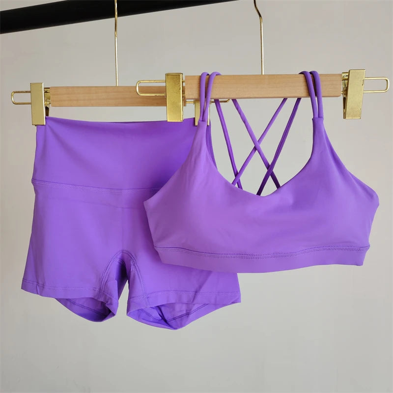 NEW Arrivals 2PCS Set Pilates Yoga Fitness Shorts Suit Solid Color Gym Women's High Waist Tight Sportswear Running Hot Girl Fitness Suit Female Sports Clothing Supplies