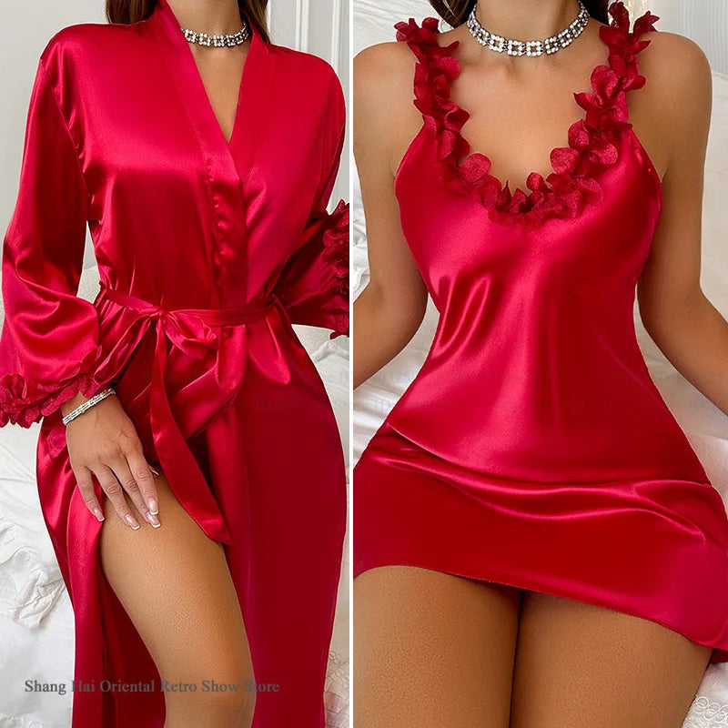 NEW S-XL Female 2PCS Set 3 Colors Robe Set Nightgown Sexy Lace Long Kimono Bathrobe Gown Silk Satin Loungewear Summer Sleepwear Lingerie Home Wear