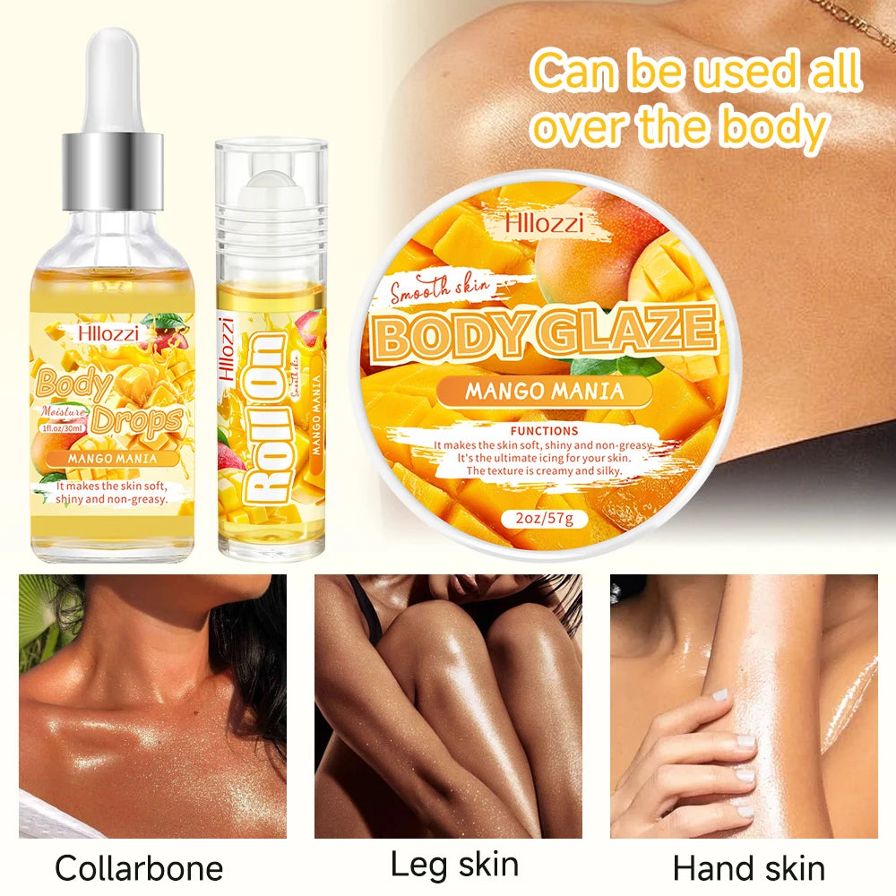 3 PCS Set Mango Body Glaze Drops and Oil Set includes a Rollerball Applicator, Suitable for Dry Skin, Providing Moisturizing Hydrating Skin Care Sets Korean Products