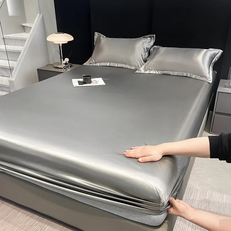 10 Colors Home Hotels Luxury Satin Waterproof Fitted Sheet Silky Solid Color Bed Sheet Breathable Elastic Band Sheets Smooth Bedsheet Mattress Cover
