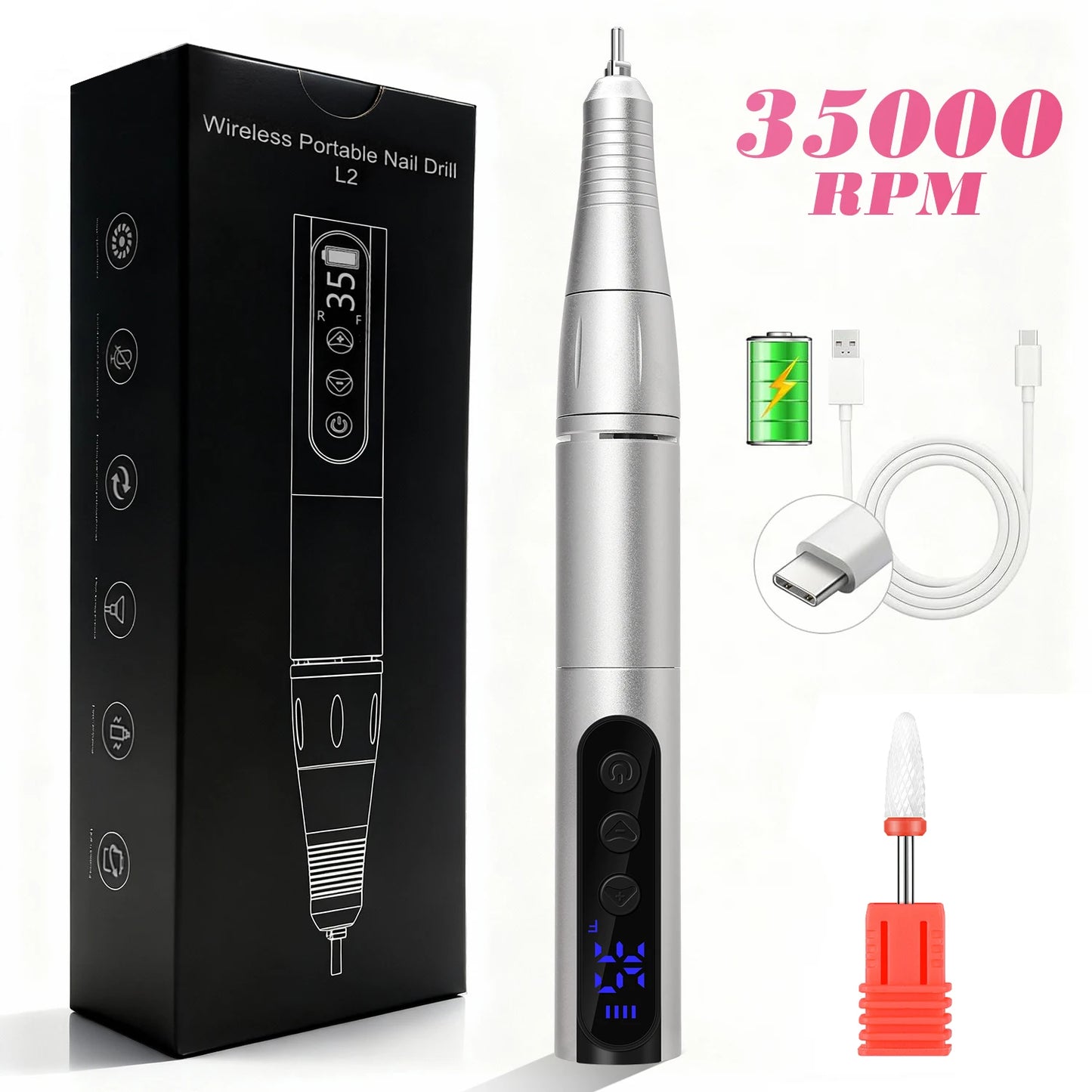 35000RPM Rechargeable Portable Nail Drill Machine With LCD Display Nails Sander For Acrylic Gel Polish Professional Nail Tool