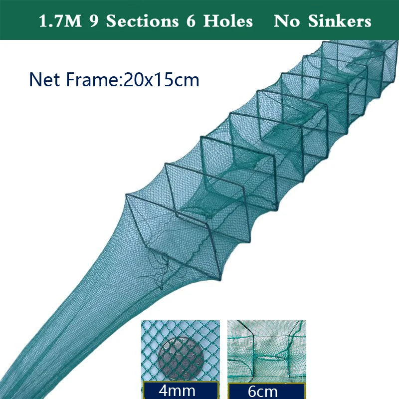 7-19 Sections 12 Holes Top Quality Professional Portable Folded Long Fishing Net 1.5M-5.5M, Crab Fish Net, Hand Casting Cage Crab Net, Mesh Trap Catcher Live Fish for Lobster