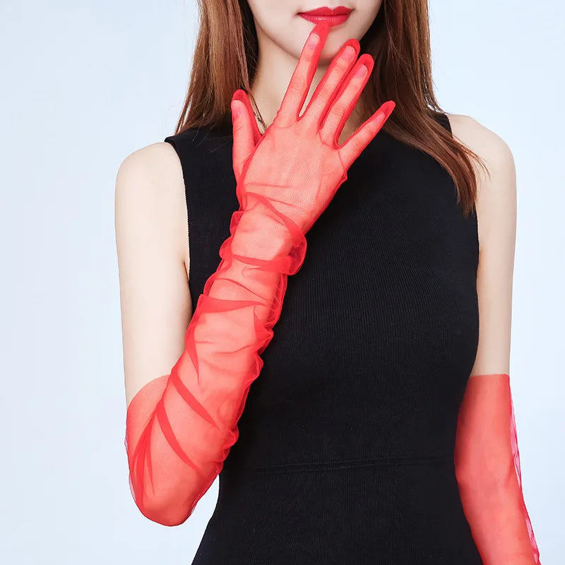 8 Colors 70cm Sexy Lace Net Yarn Mesh Breathable Long Gloves Hollow Transparent Thin Touch Screen Summer Sunscreen  Women Gloves Ladies Apparel Accessories